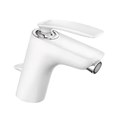 Kludi Wasserhahn in Weiß mit chromfarbenen Akzenten, ausgestattet mit einem Hebel zur Steuerung des Wasserflusses. Geeignet für Bidets.